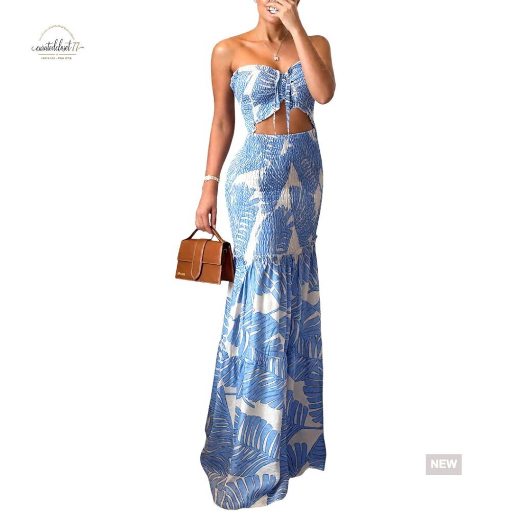 Floral Prom Dress Strapless Mermaid Hem Ruffle Formal Party Gown